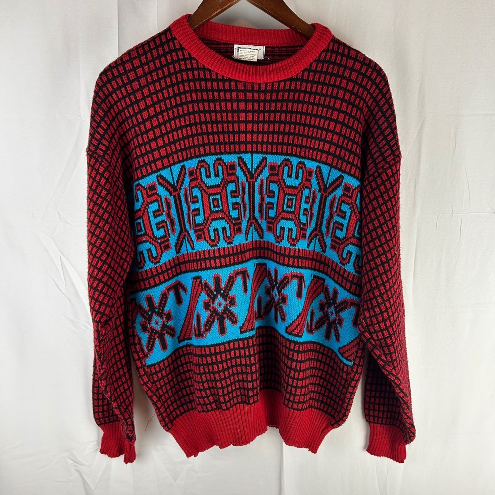 VTG Repage Mens Large Geometric Pattern Long‎ Sleeve Knit Sweater Red 80s 90s